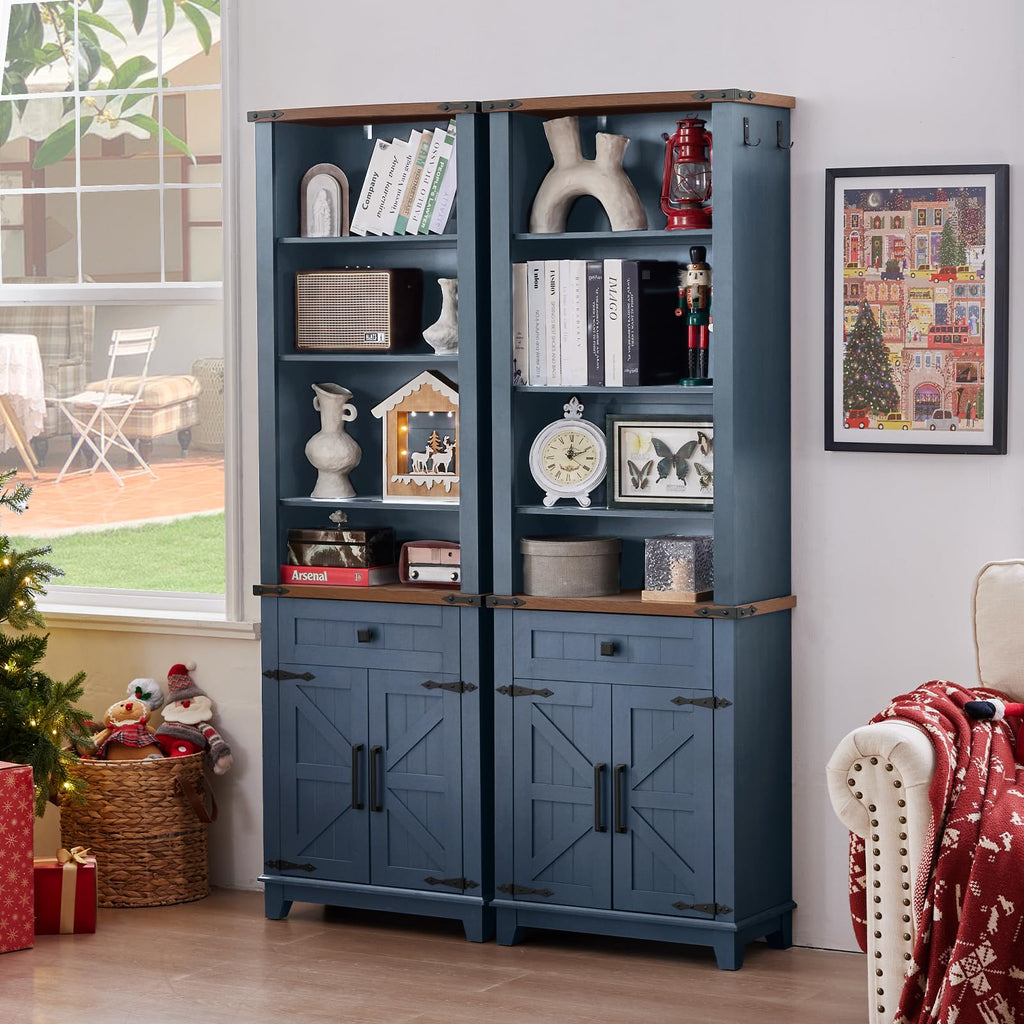 Blue bookcase cabinet with glass-free open shelves and paneled double doors