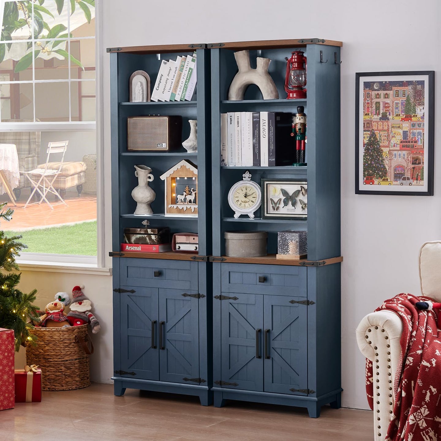 Blue bookcase cabinet with open shelving and lower double doors, farmhouse style