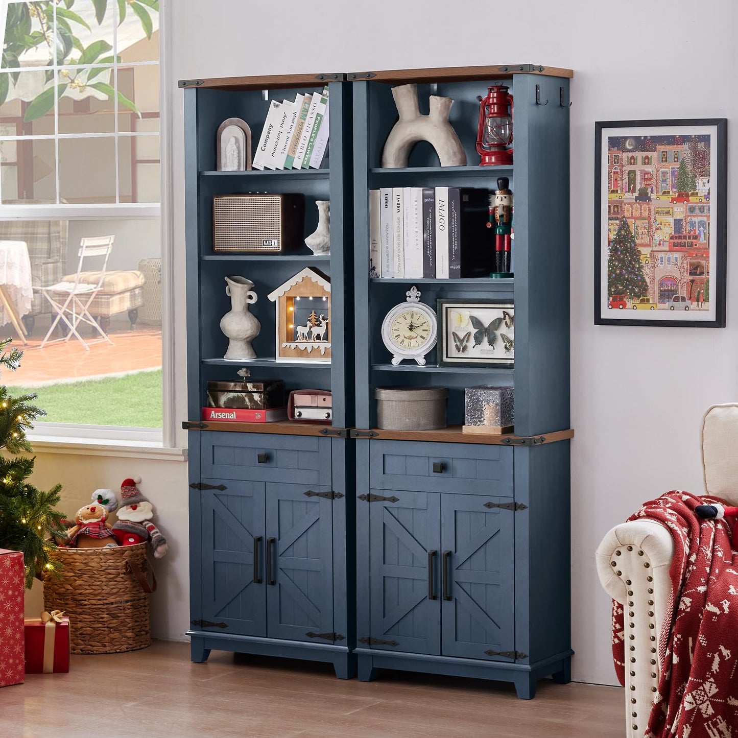 Blue bookcase cabinet with open shelving and lower double doors, farmhouse style