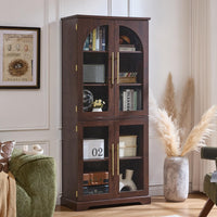 Tall bookshelf cabinet in dark brown with 4 curved glass doors and interior shelves