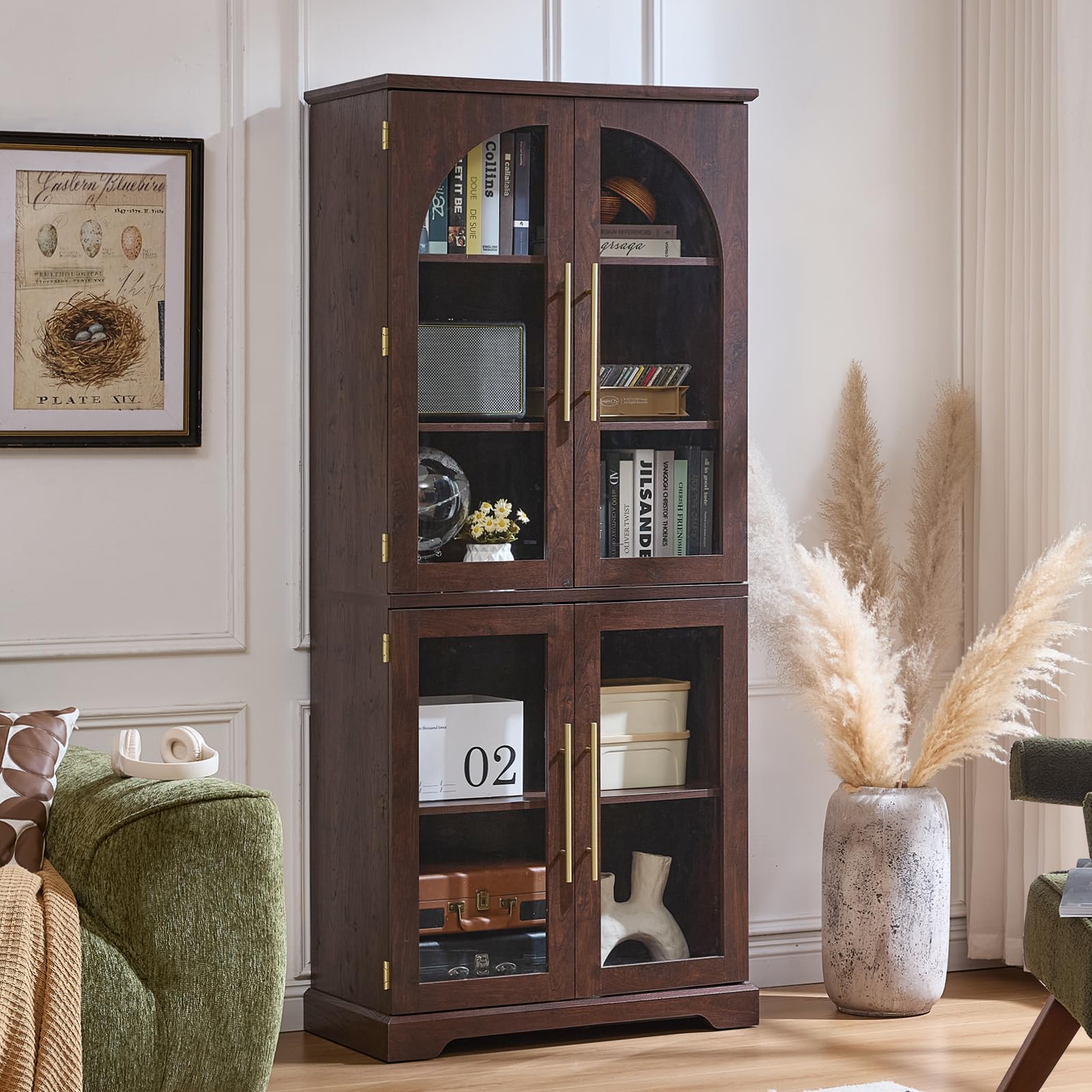 Tall bookshelf cabinet in dark brown with 4 curved glass doors and interior shelves