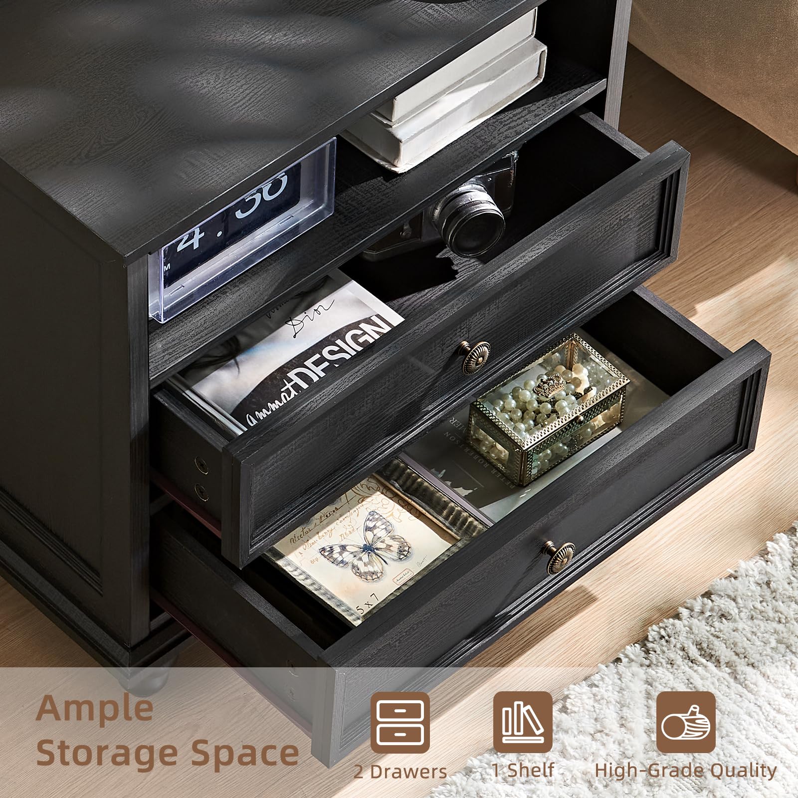 Dark wood dresser drawers with metal slide rails and storage compartments