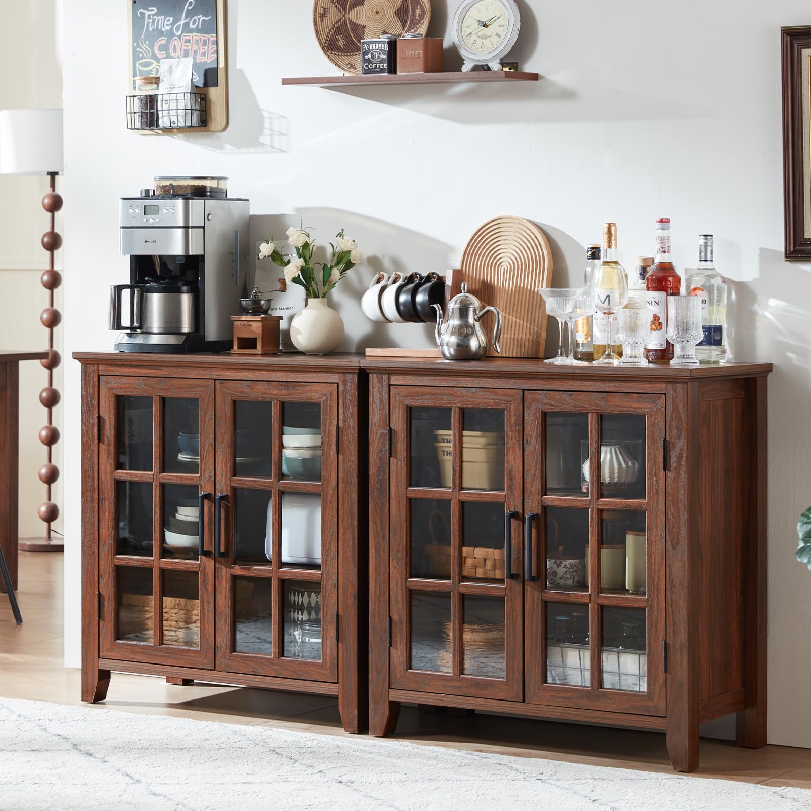Brown sideboard cabinet with four glass doors and paneled storage compartments