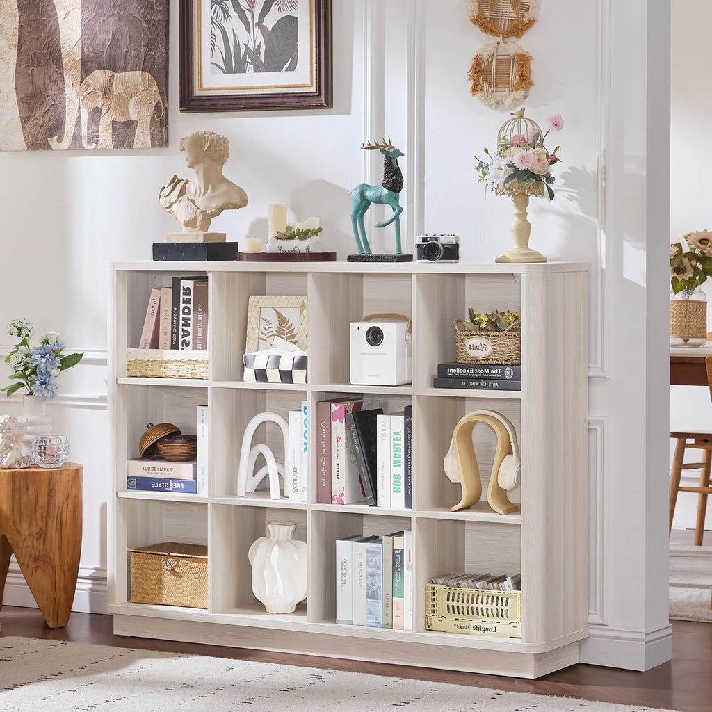 White horizontal cube storage book shelf with open cubbies and curved front edge