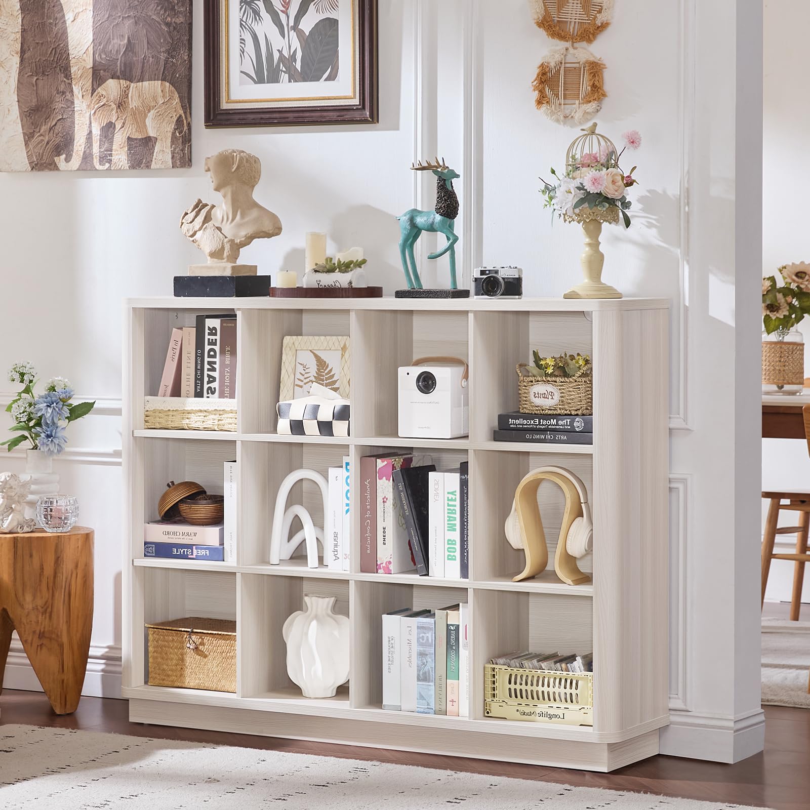 White horizontal cube storage book shelf with open cubbies and curved front edge