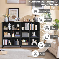 Black console bookcase with open cubbies for books and storage, decorated with decor