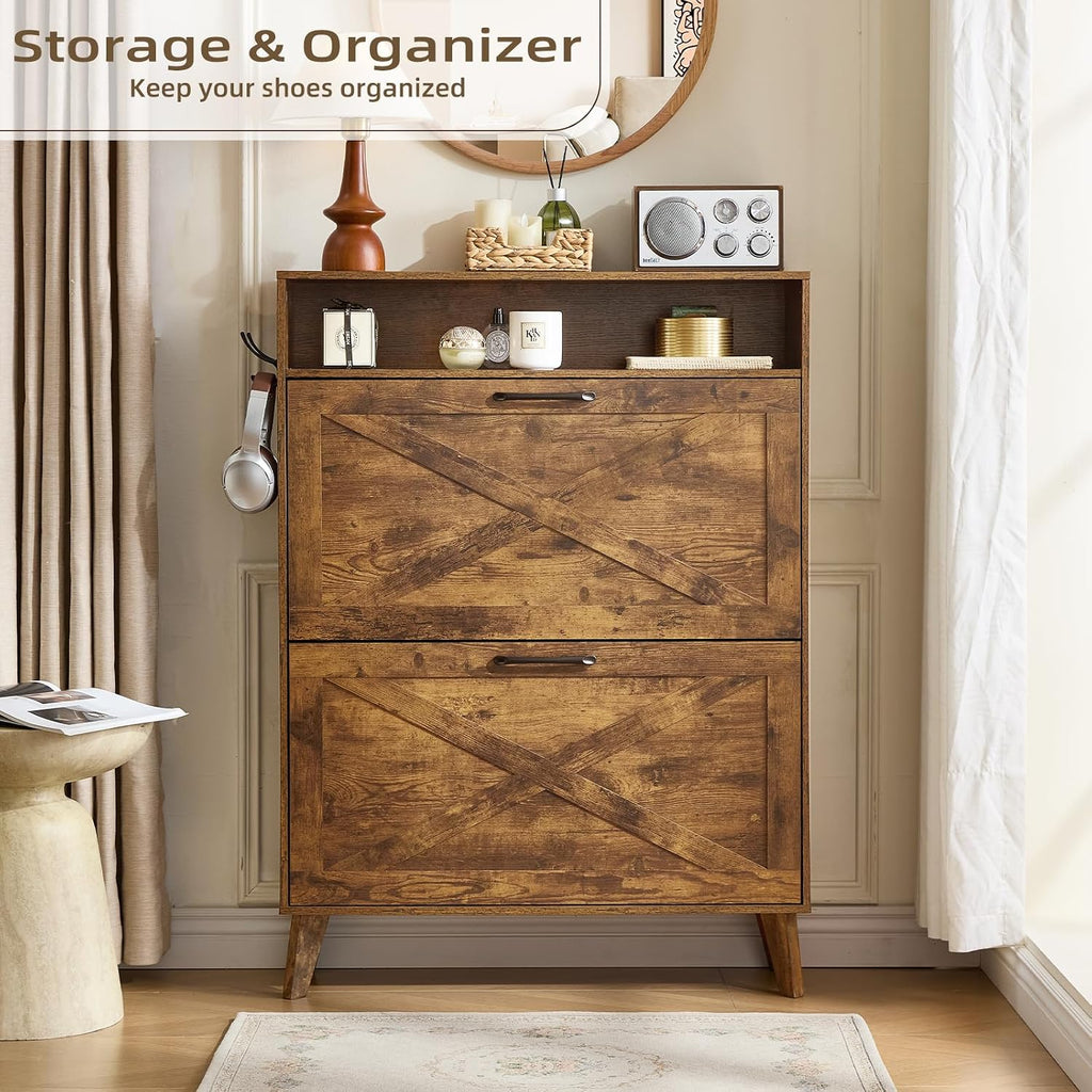 Shoe storage cabinet with two flip drawers and open shelf compartments, light wood