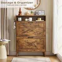 Shoe storage cabinet with two flip drawers and open shelf compartments, light wood