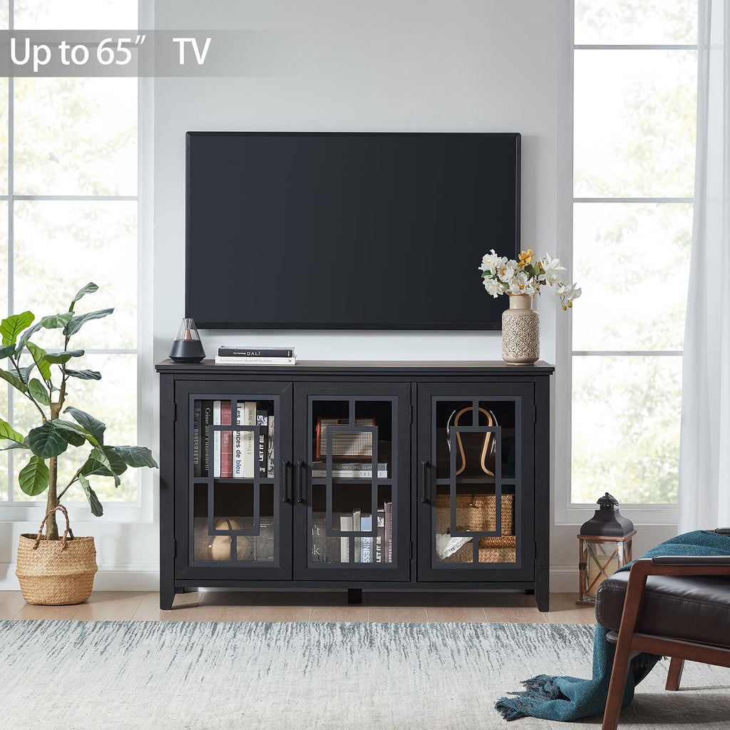 Black sideboard cabinet with three mirrored-style glass door panels and an open TV stand top