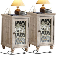 Light grey wood bedside end table set with two glass cabinet doors and charging cords