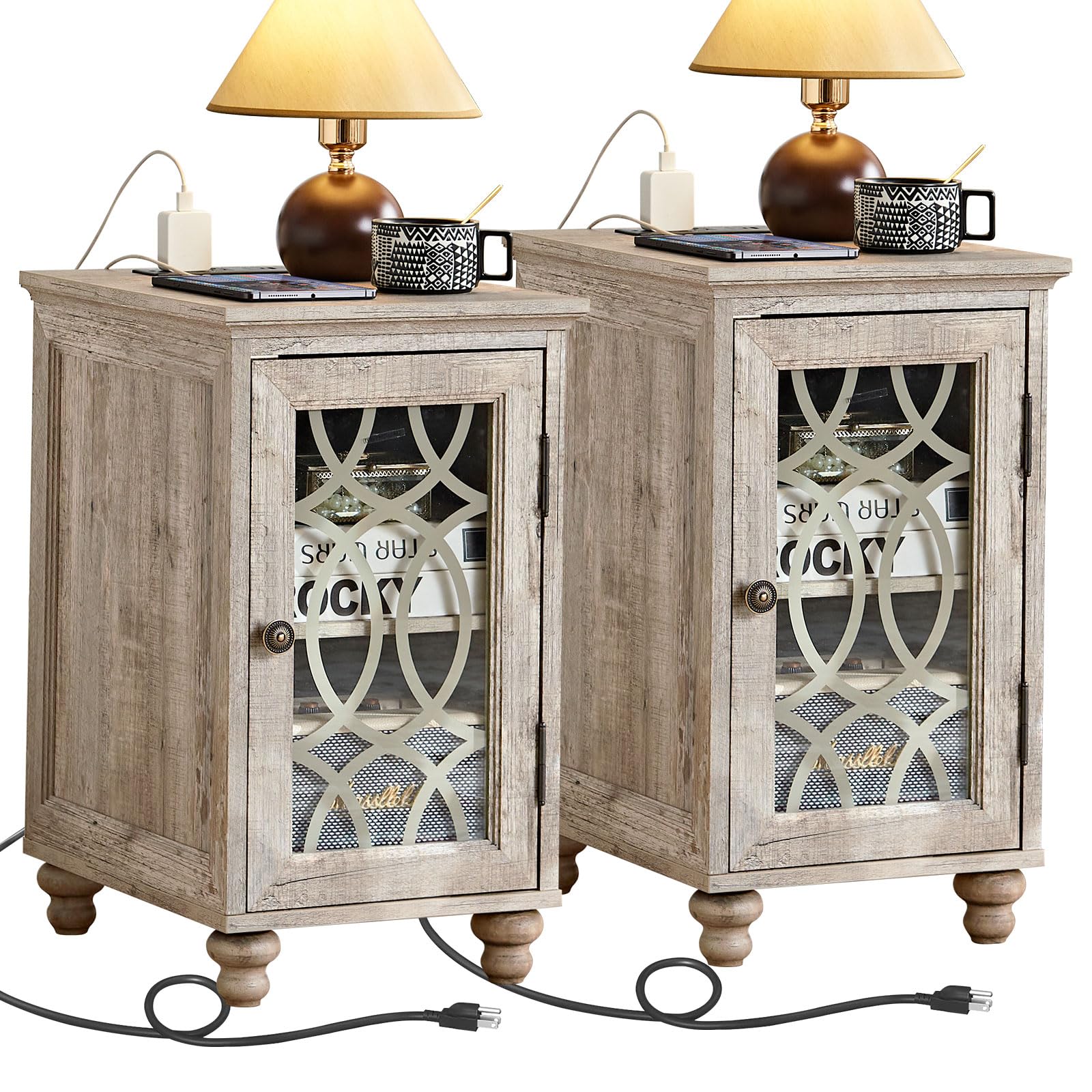 Light grey wood bedside end table set with two glass cabinet doors and charging cords