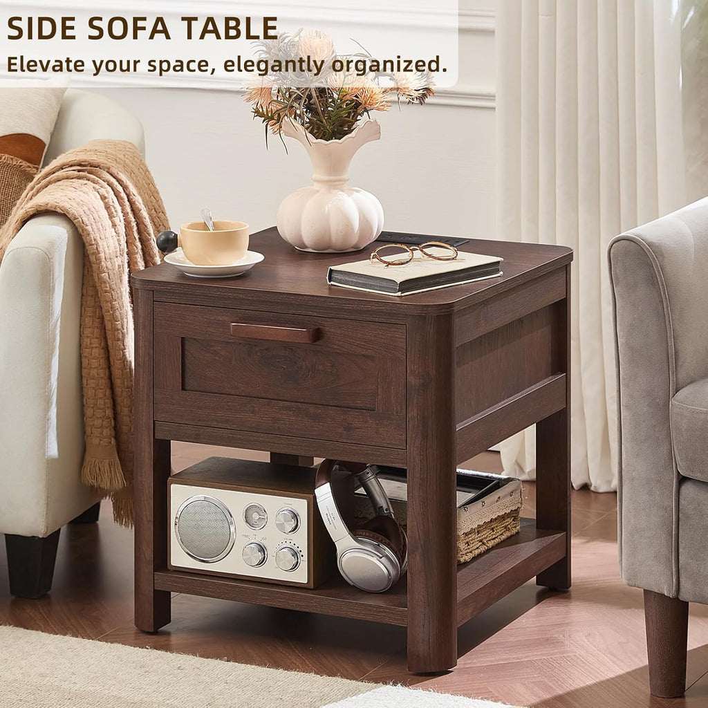 Dark walnut sofa side table with drawer and open shelf, charging station components inside