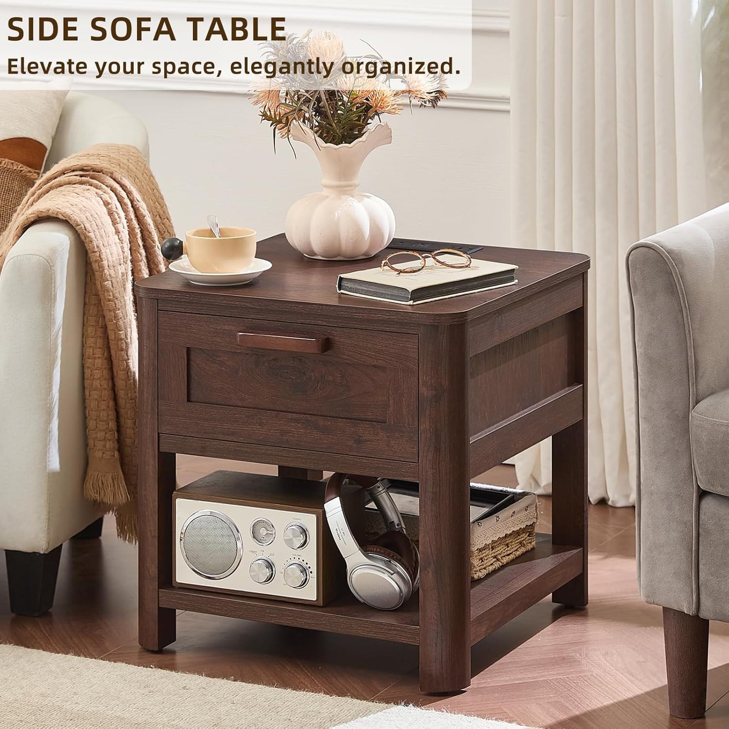Dark walnut sofa side table with drawer and open shelf, charging station components inside