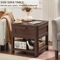 Dark walnut sofa side table with drawer and open shelf, charging station components inside