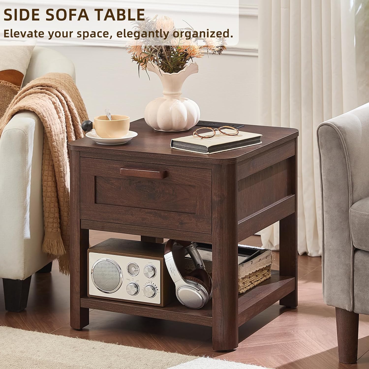 Dark walnut sofa side table with drawer and open shelf, charging station components inside