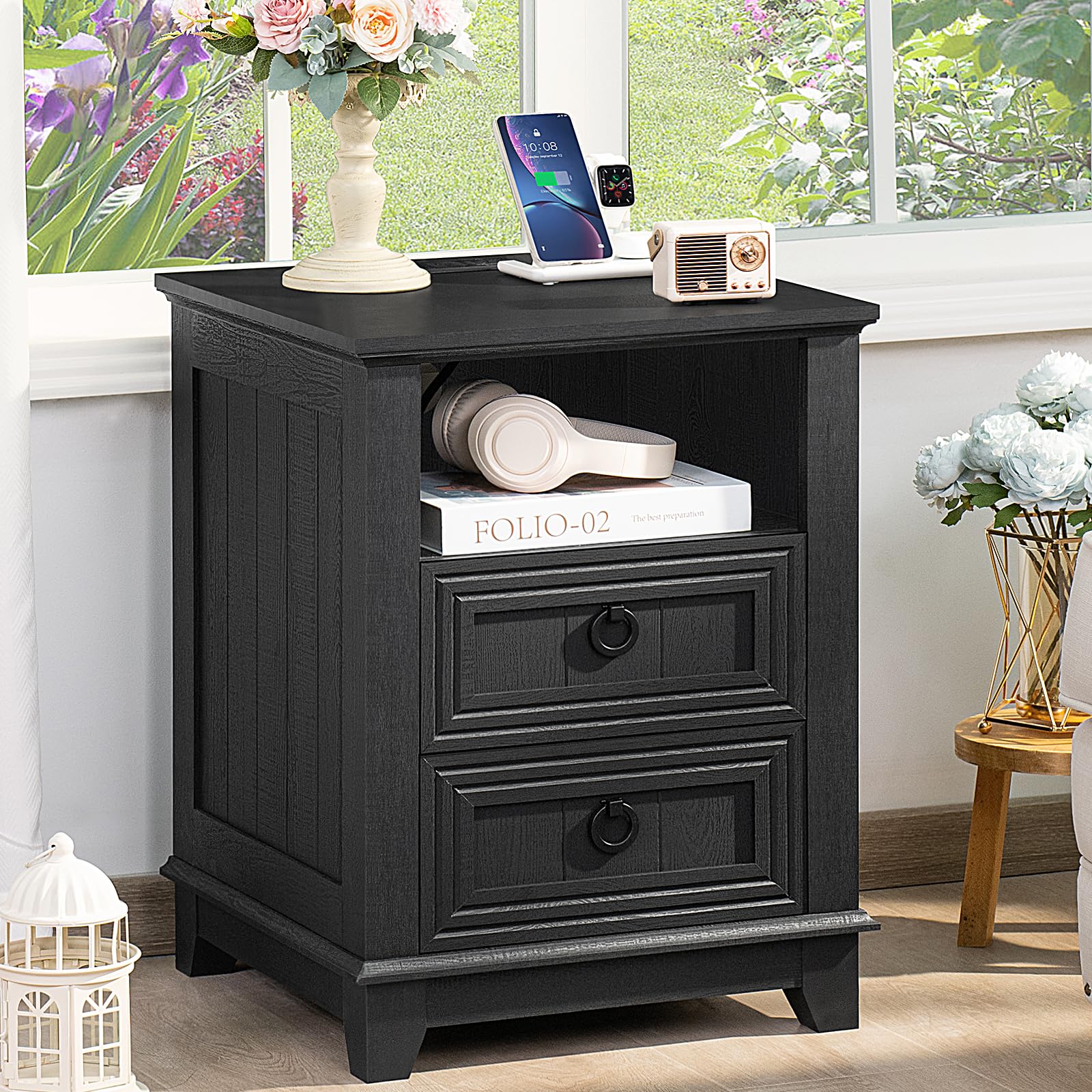 Black farmhouse nightstand with three drawers and round knobs
