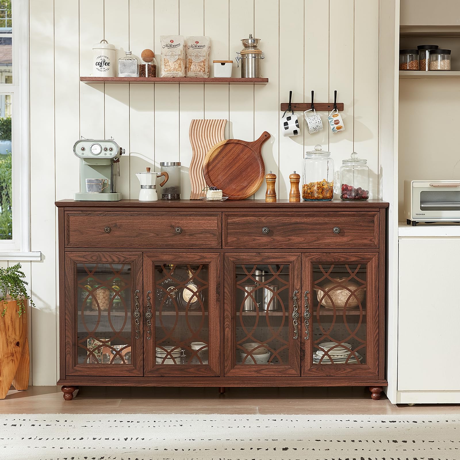 Brown wood sideboard cabinet with four glass doors and two drawers on front