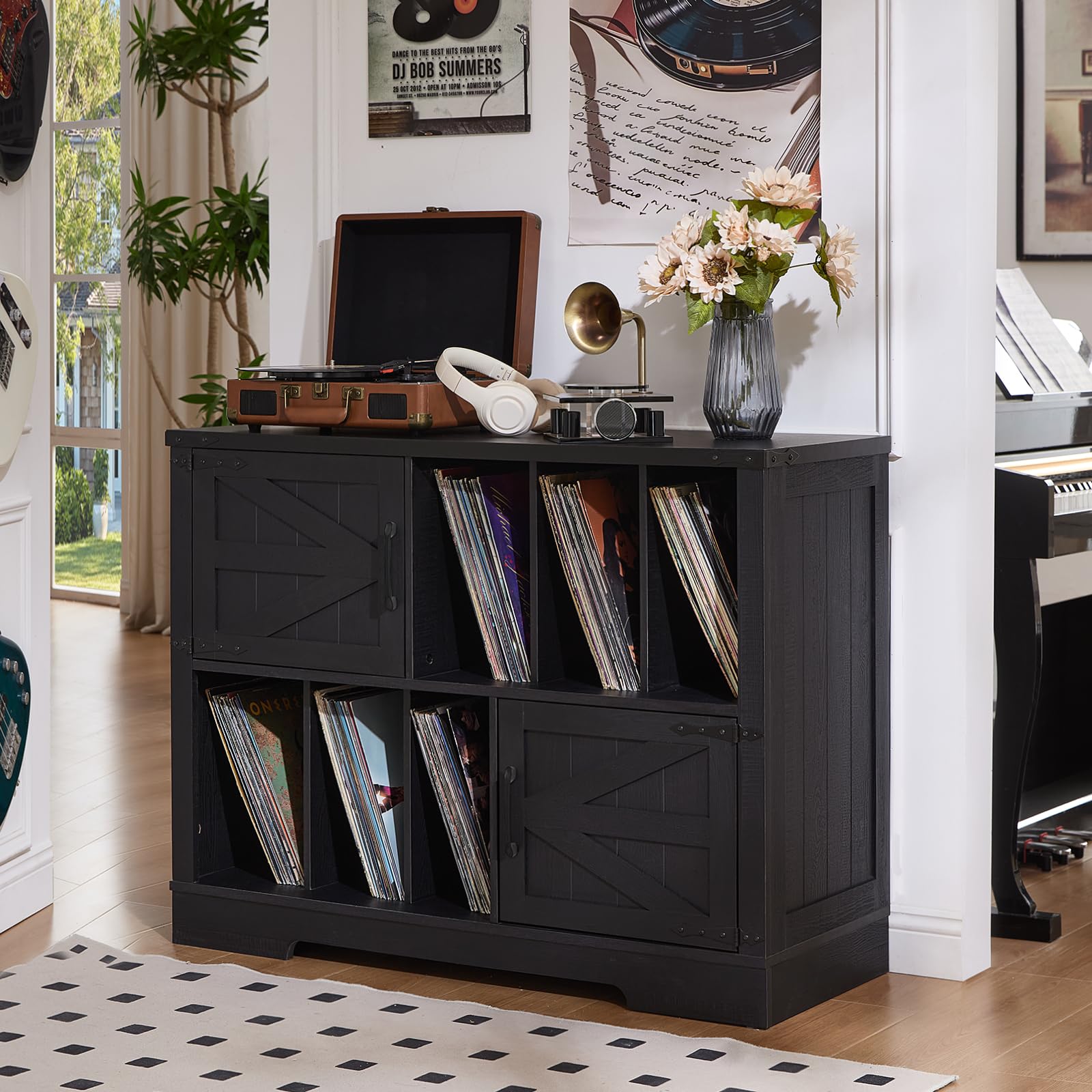 Record player cabinet with barn doors and open vinyl storage, black wood