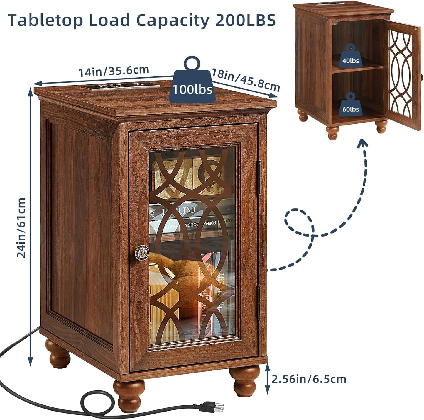 Narrow Side Table with Charging Station, Night Stand with Glass Door, Bedside End Tables with Adjustable Shelf Storage Cabinet,Wood Nightstand for Small Spaces Living Room Bedroom