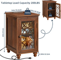 Narrow Side Table with Charging Station, Night Stand with Glass Door, Bedside End Tables with Adjustable Shelf Storage Cabinet,Wood Nightstand for Small Spaces Living Room Bedroom