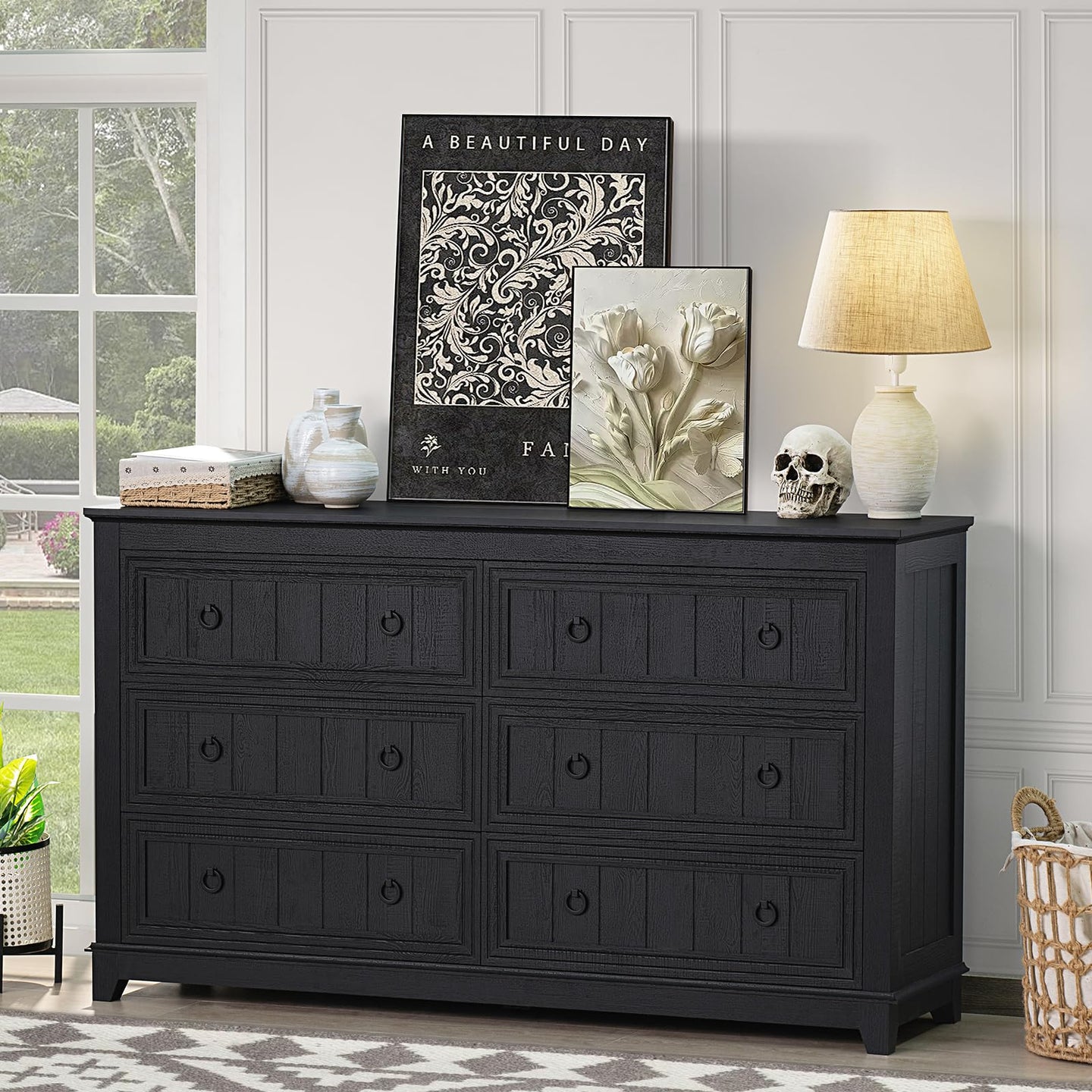 Blue farmhouse dresser with six drawers and round metal knobs, rustic wide cabinet base