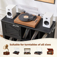 Record player cabinet with turntable on top and open vinyl storage, dark finish