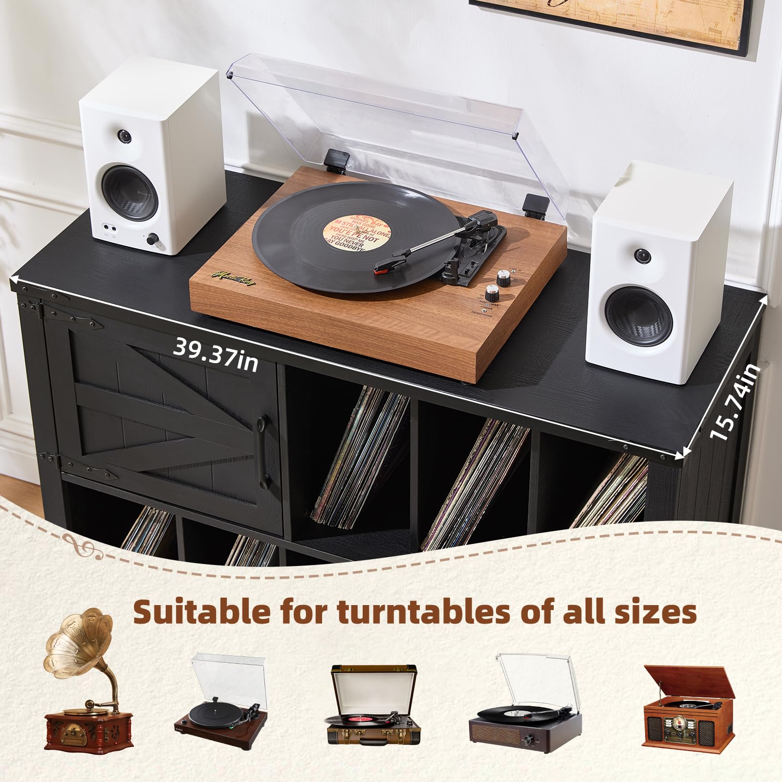 Record player cabinet with vinyl storage shelves and barn doors, dark gray wood