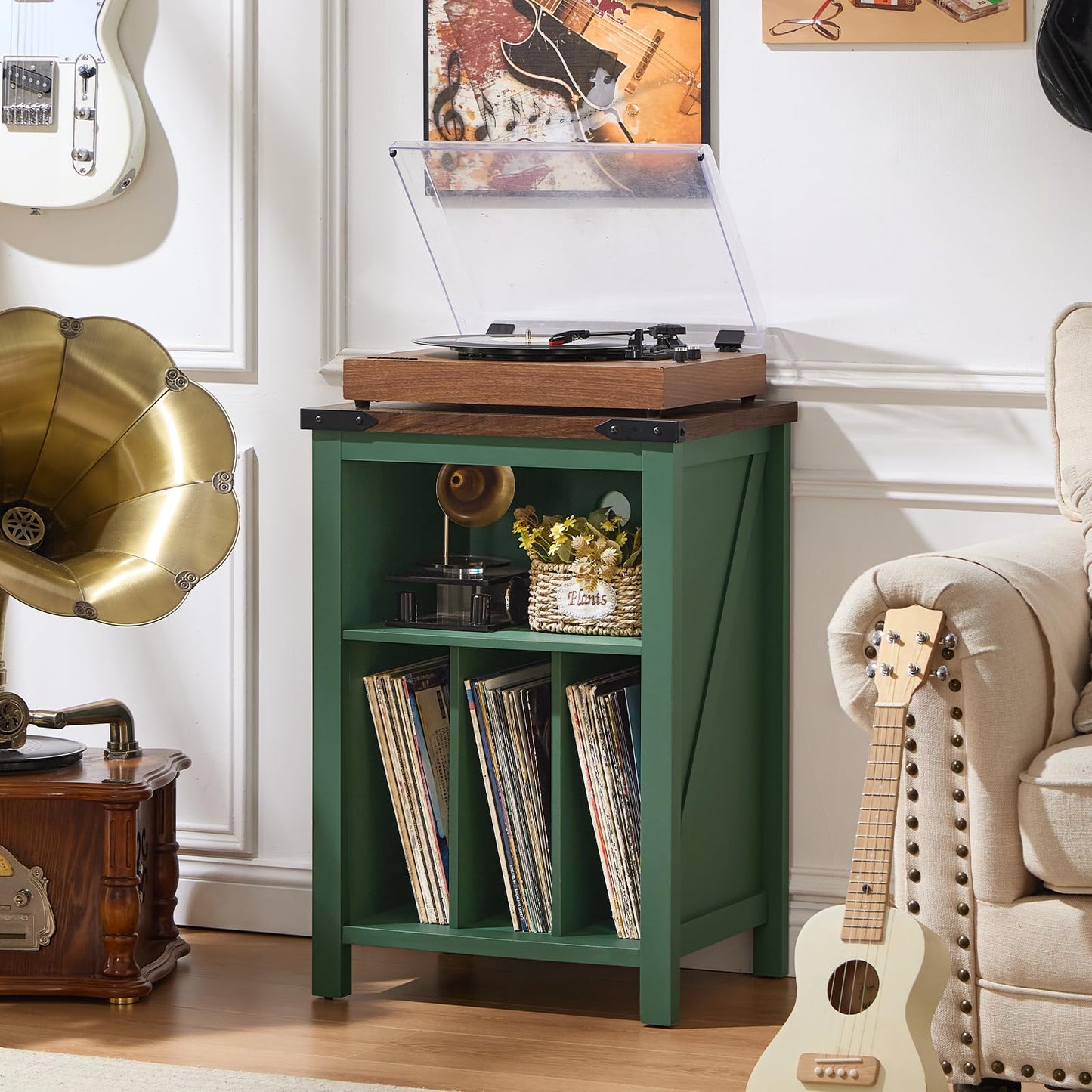 Record player stand with green cabinet and wood top; front shelf with vinyl records