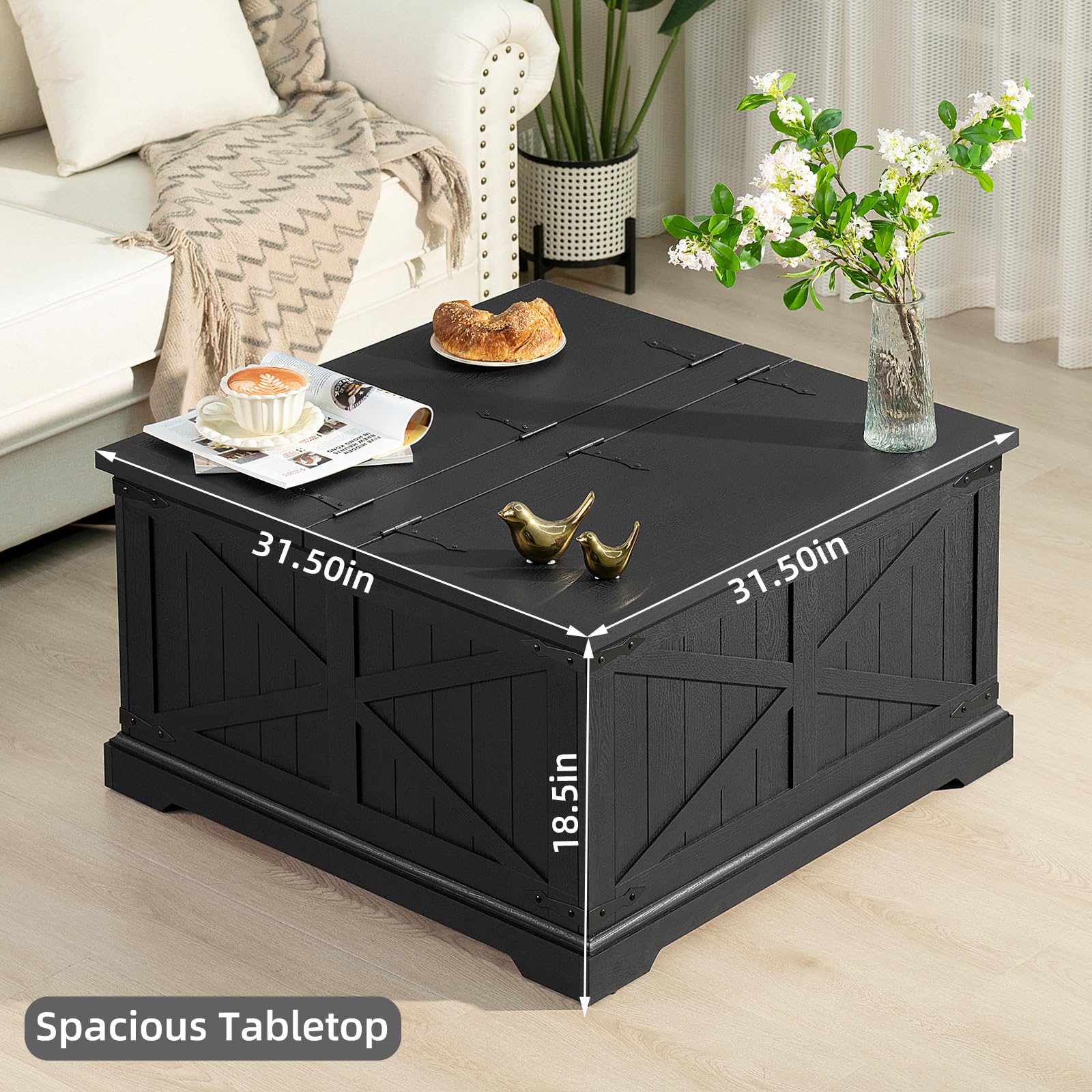 Square coffee table with hinged lift top, dark tabletop, open storage compartment