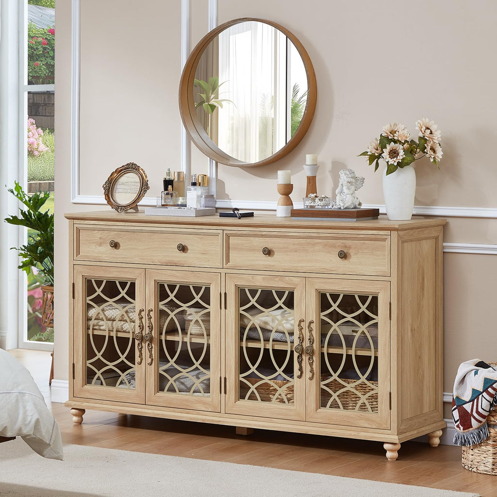 Natural wood sideboard buffet cabinet with four glass doors and two drawers