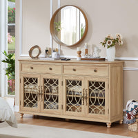 Farmhouse sideboard buffet cabinet in light wood with open countertop and 3 glass doors