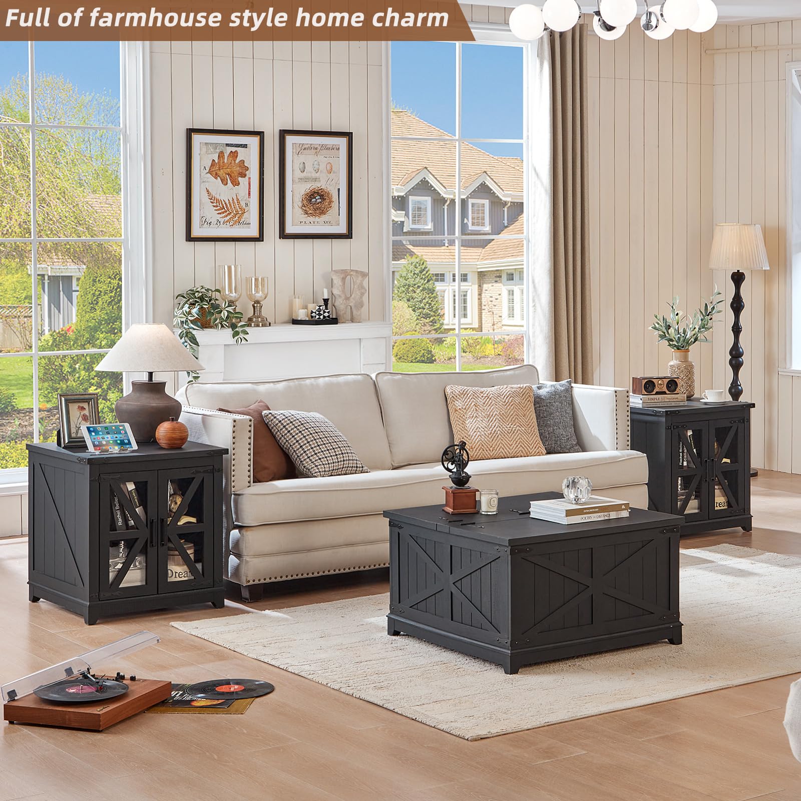 Black farmhouse coffee table set with lift-top and matching end tables