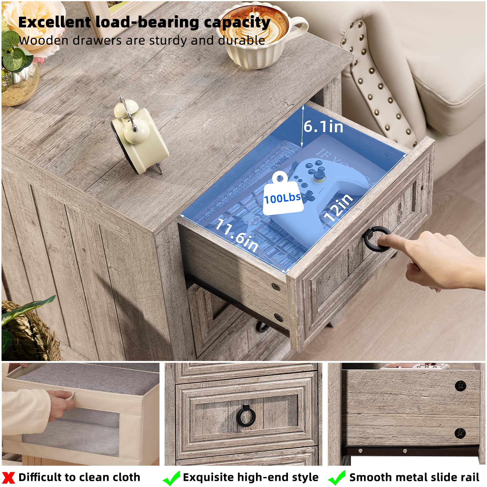 Gray nightstand cabinet drawer pulled out with metal slide rail