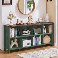 Green wood console bookcase with open shelves and decorative display cubbies