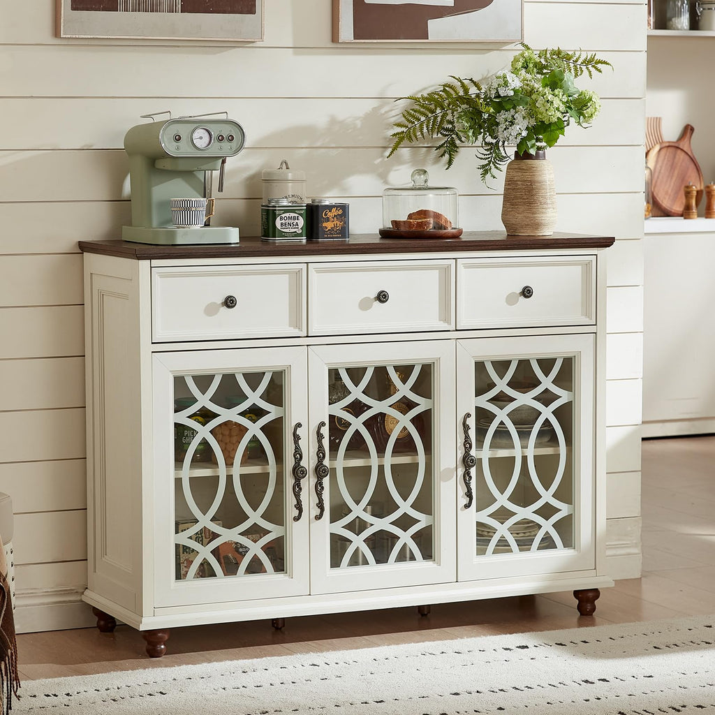 White sideboard buffet with three drawers and three glass-panel door compartments