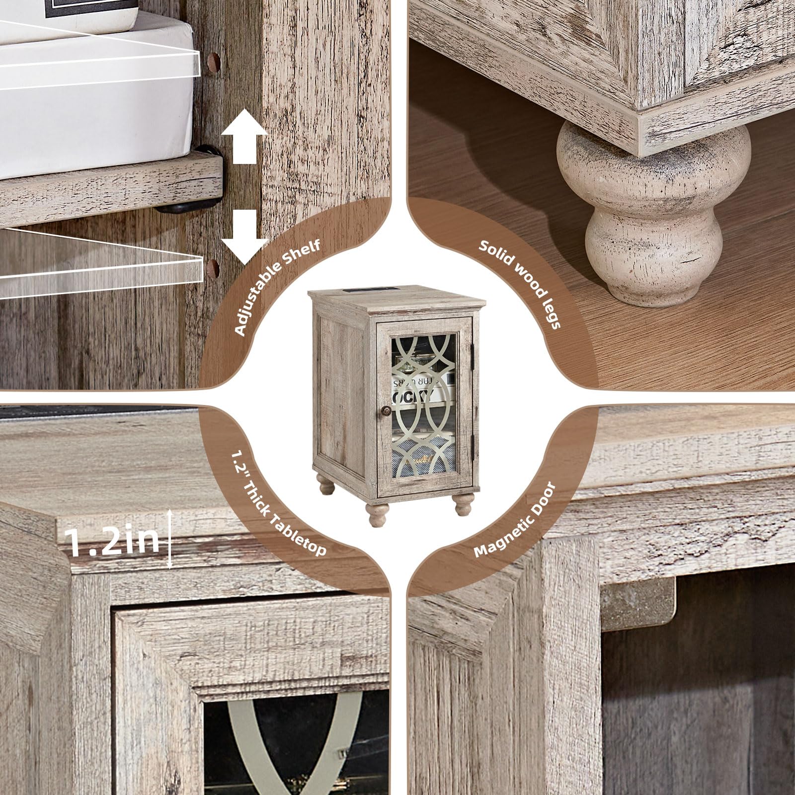 Wood nightstand with glass door, adjustable shelf, and solid wood legs.