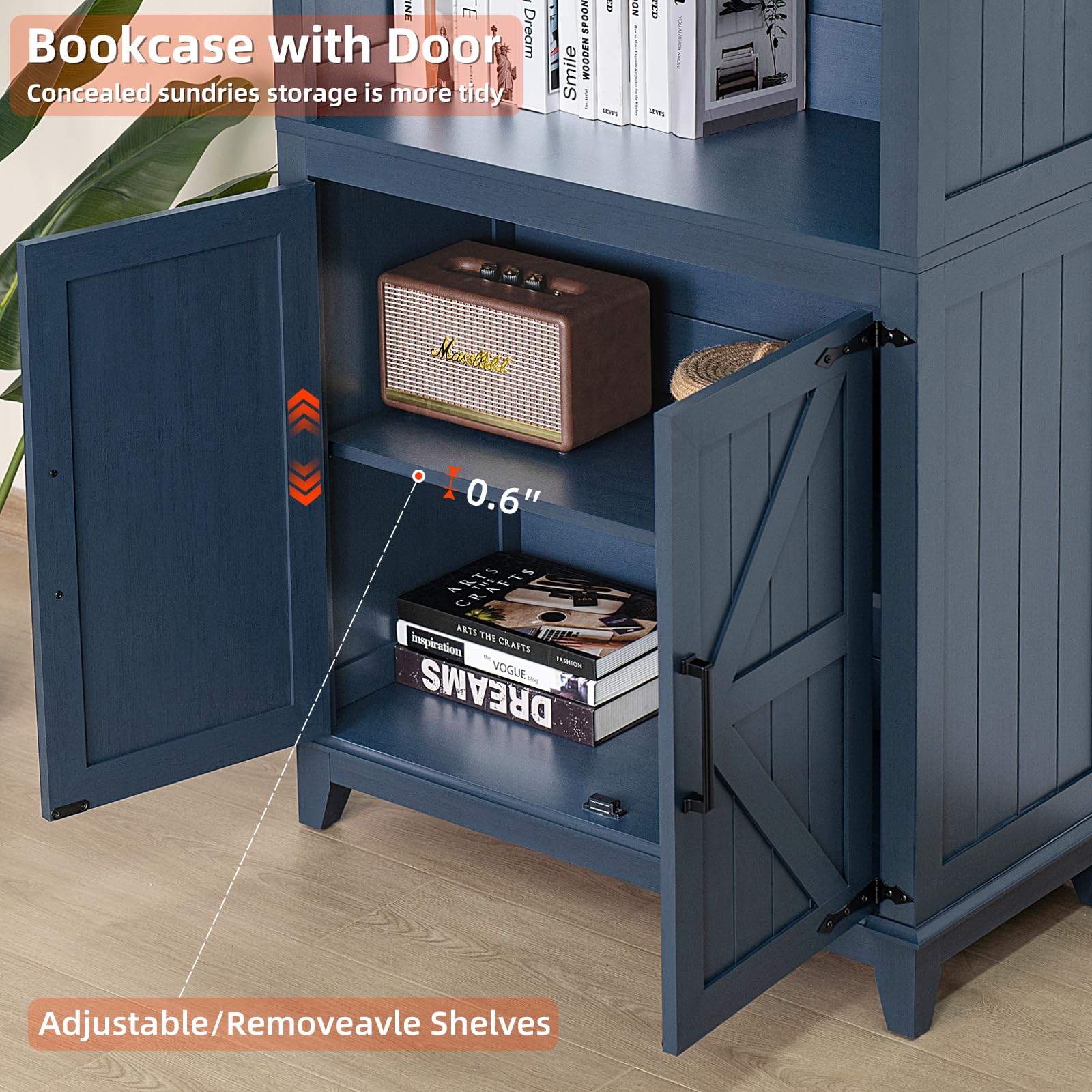 70in Tall Bookshelf 5 Tier Bookcase with Barn Doors and Adjustable Shelves, Blue Farmhouse Book Shelf with Storage Cabinet, Wood Freestanding Display Bookshelves for Bedroom, Living Room | Bookcase, Barn Doors, Adjustable Shelves, Book Shelf, Storage Cabi