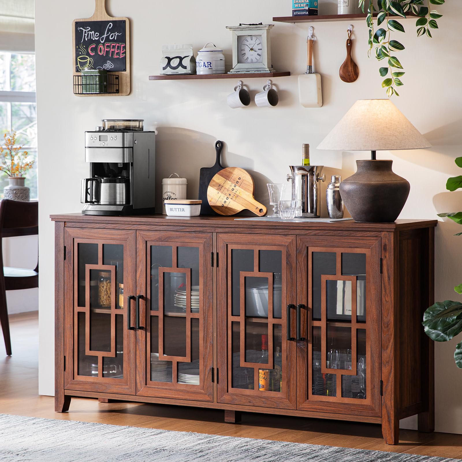 Brown sideboard cabinet with framed glass doors and vertical metal handles.