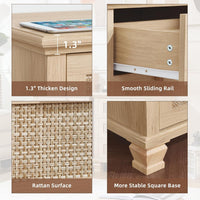 Nightstand drawer panel detail with woven rattan face and square base support