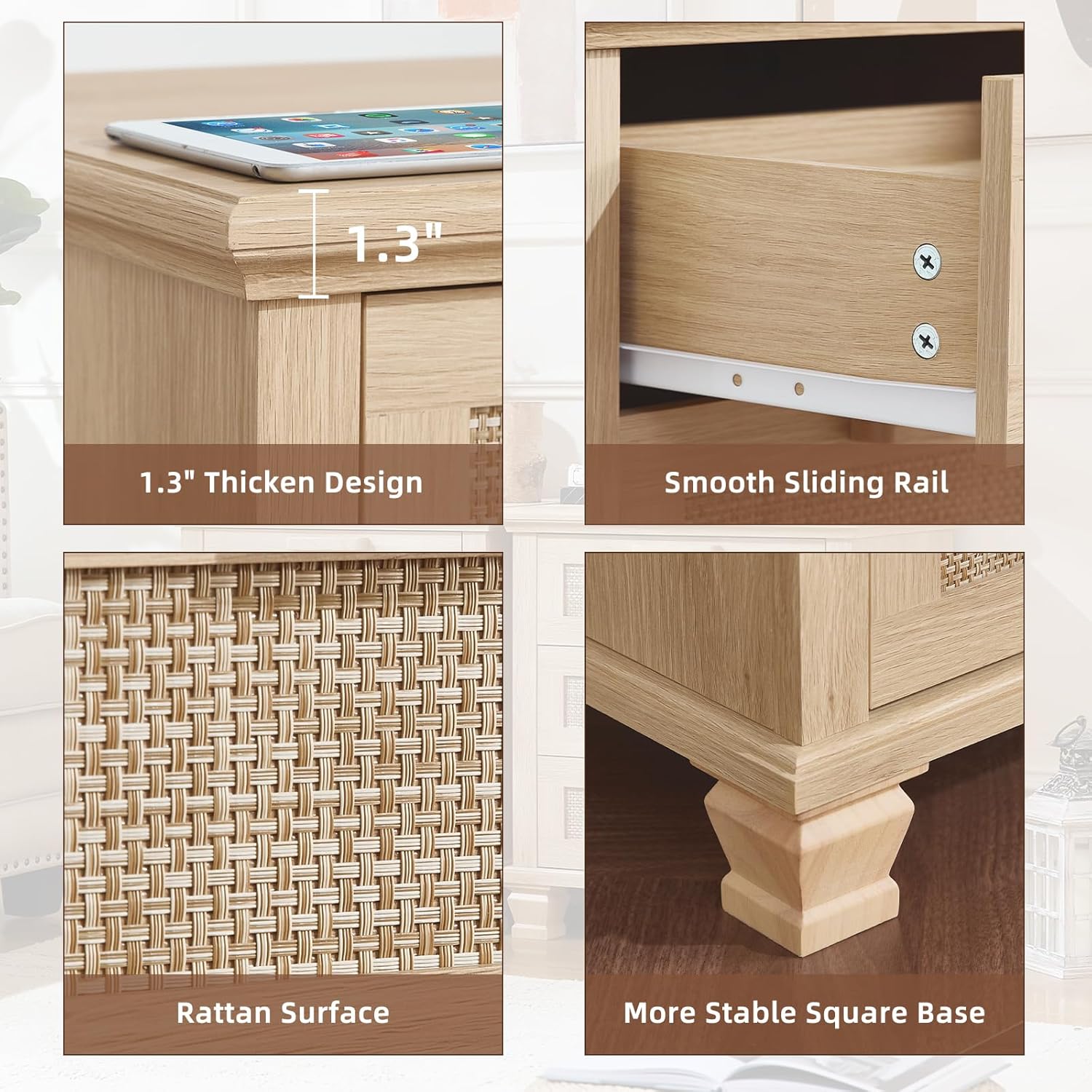 Nightstand drawer panel detail with woven rattan face and square base support
