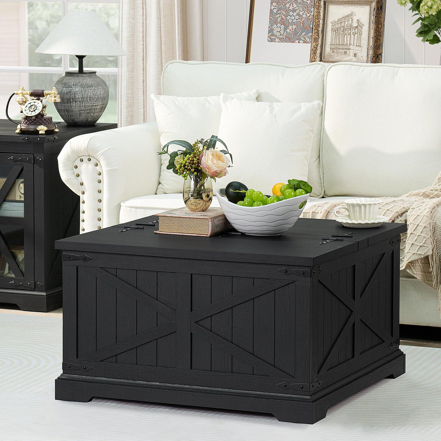 Black farmhouse coffee table with flip-top lid and hidden storage