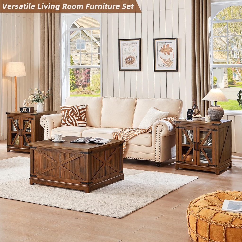 3-piece coffee table set with warm wood frames and lift-top storage compartment