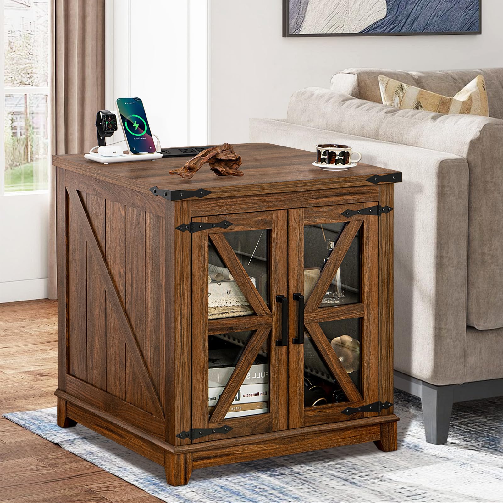 Wood-toned farmhouse end table with glass barn doors and X-style accents in a living room