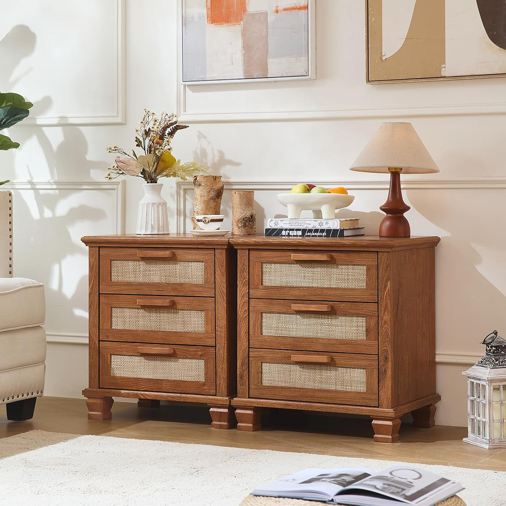 Set of 2 tea brown nightstands with 3 drawers each and woven front panels