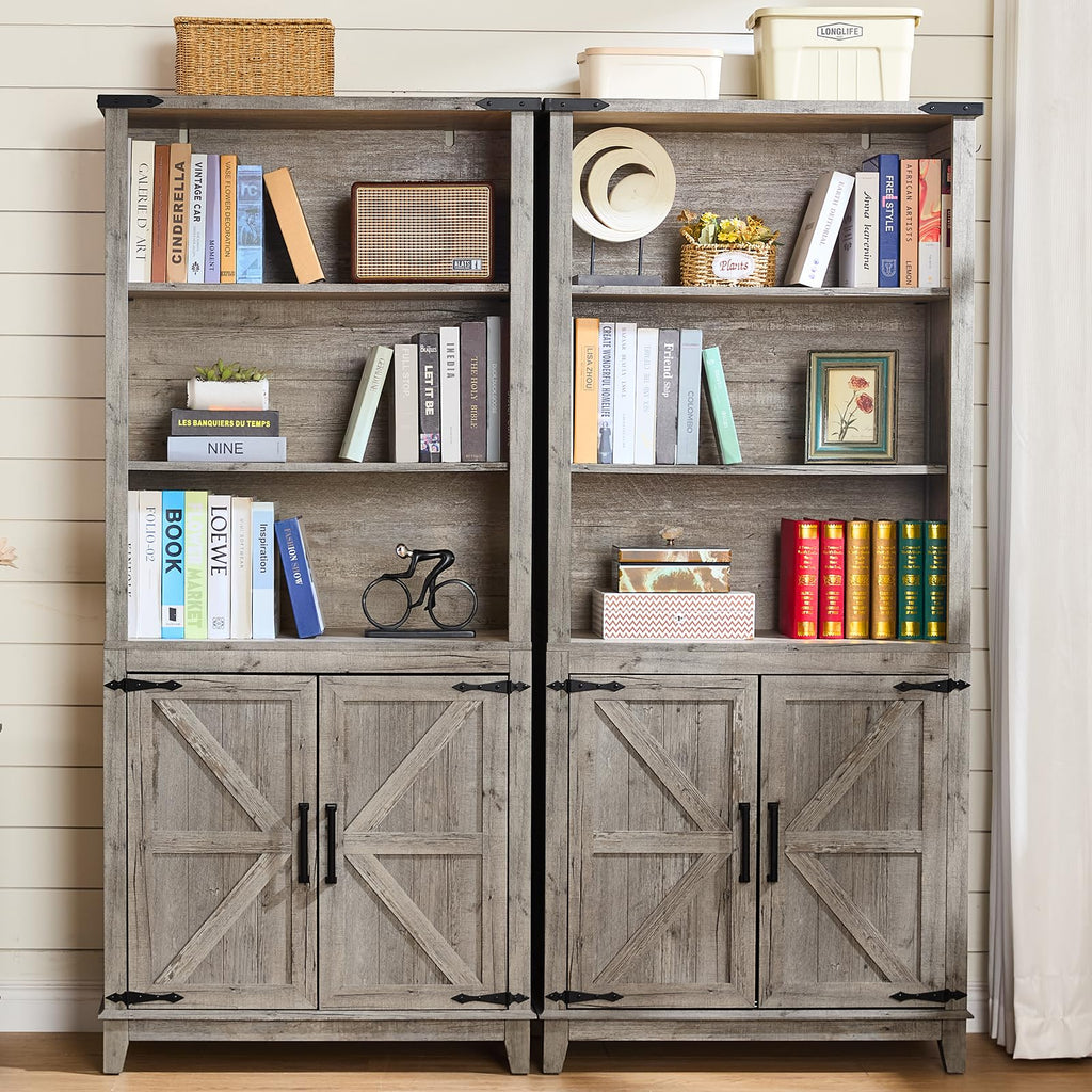 Gray farmhouse bookcase with open shelves and two barn-style cabinet doors