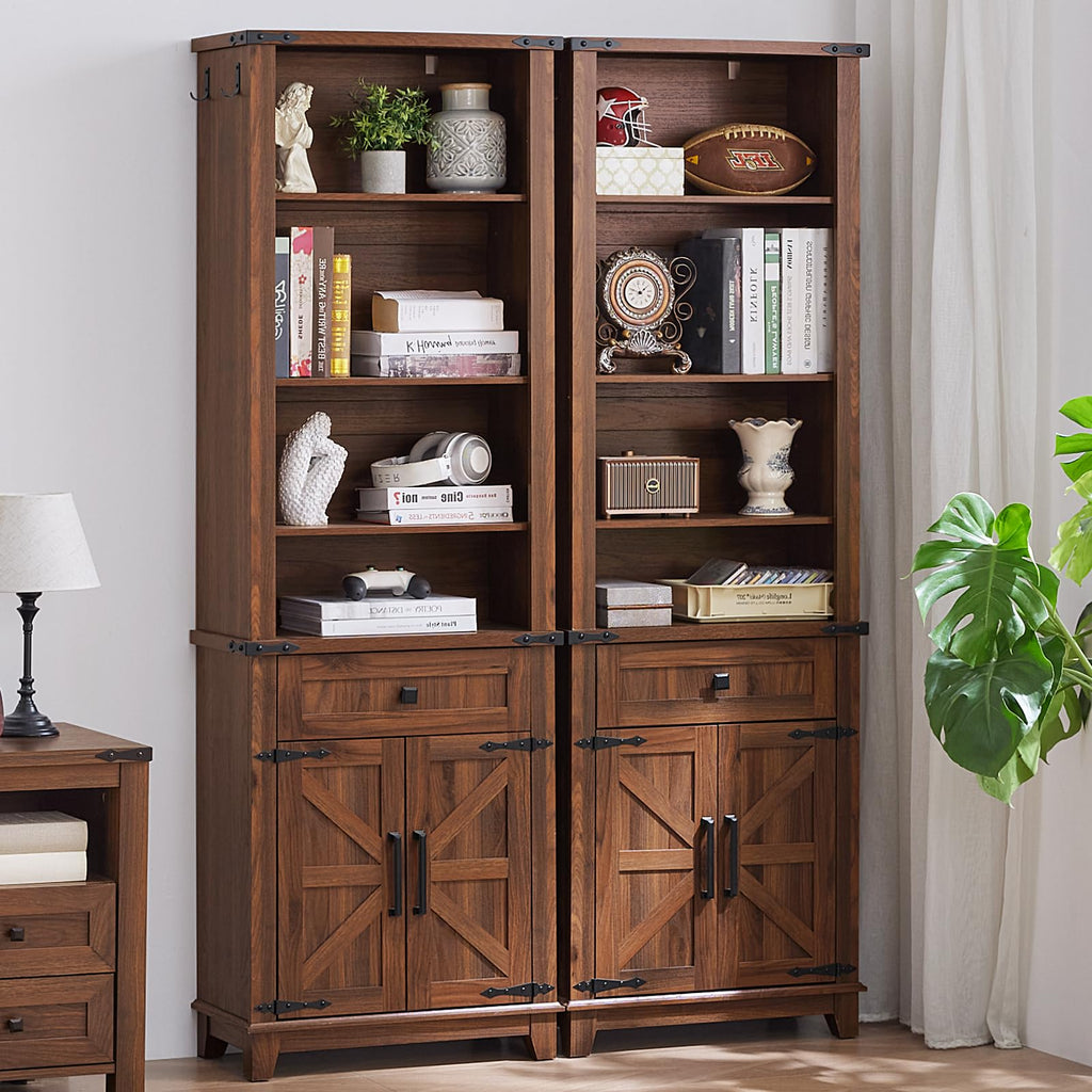 Brown wood farmhouse bookcase with open shelves, cabinet doors, and lower drawer panels
