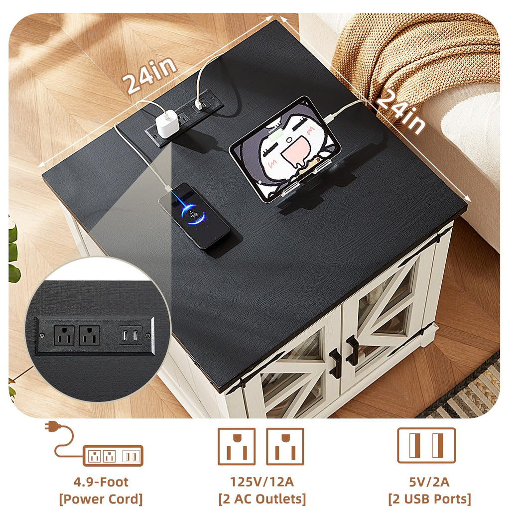 Black coffee table top with charging ports and USB power panel