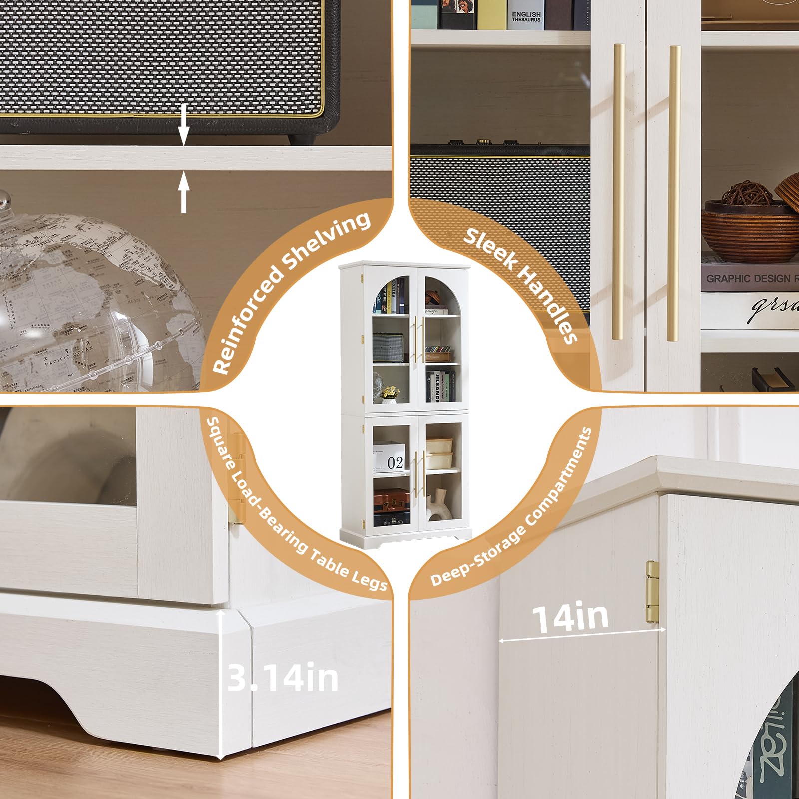 Tall white display cabinet with small arched glass door panels and adjustable shelving