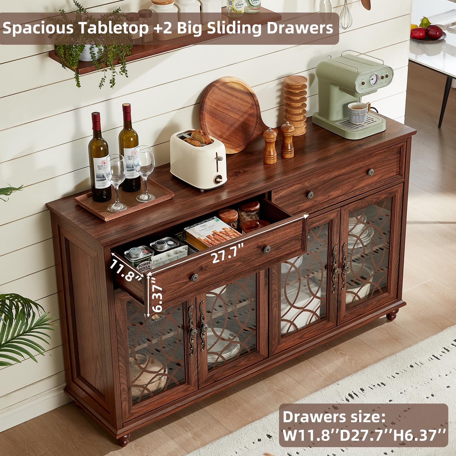 Brown wood sideboard cabinet with sliding drawers and two glass-front compartments