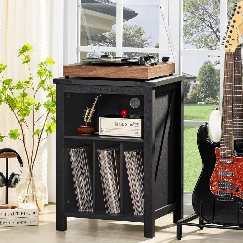 Black record player stand with wooden turntable top and two vinyl storage shelves